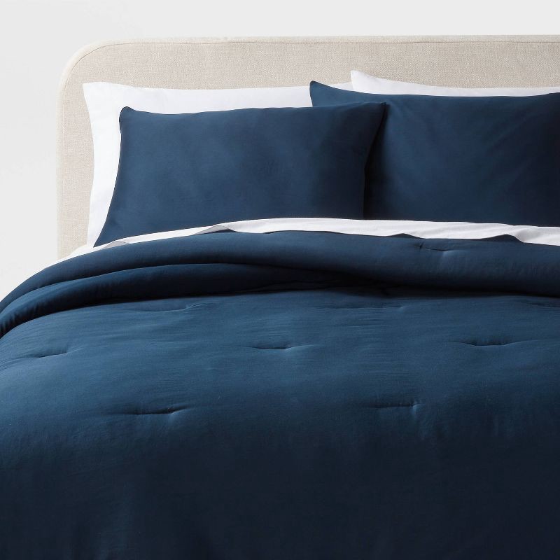 slide 2 of 4, King Washed Cotton Sateen Comforter and Sham Set Dark Navy - Threshold™: 250 Thread Count, OEKO-TEX Certified, 1 ct