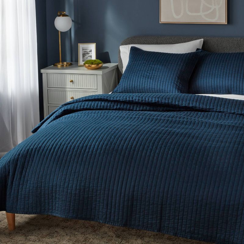 slide 2 of 3, King Washed Cotton Sateen Quilt Dark Navy - Threshold™: OEKO-TEX Certified, 250 Thread Count, Machine Washable, 1 ct