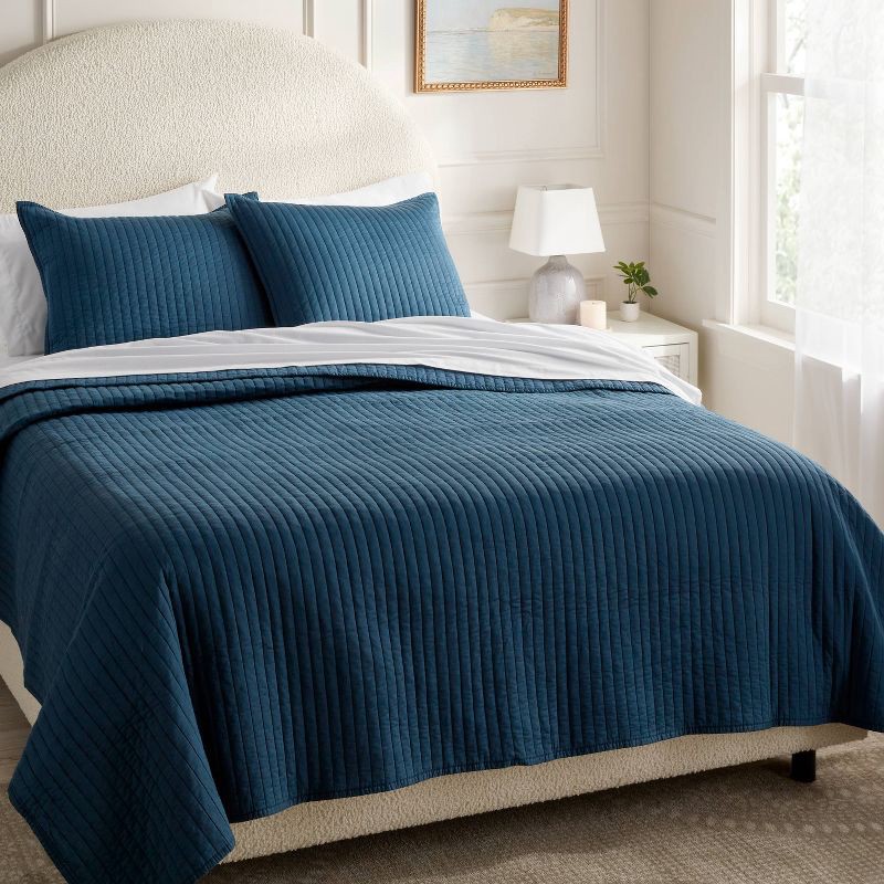 slide 2 of 3, Full/Queen Washed Cotton Sateen Quilt Indigo - Threshold™: OEKO-TEX Certified, Midweight Bedspread, 1 ct
