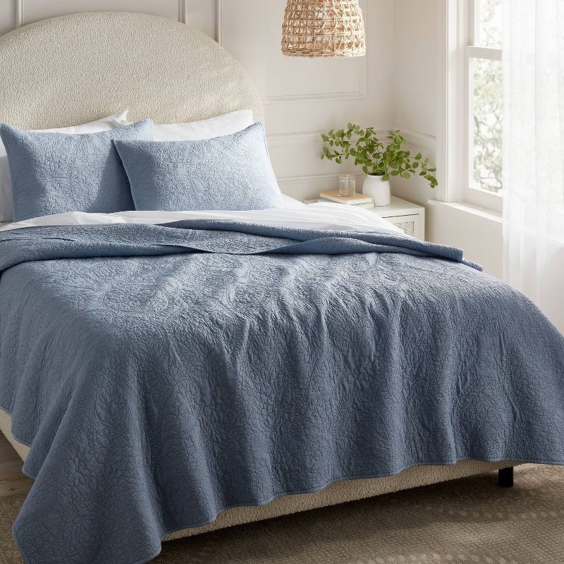 slide 2 of 3, Full/Queen Garment Washed Paisley Stitch Quilt Sky Blue - Threshold™: OEKO-TEX Certified, Microfiber Coverlet, 1 ct