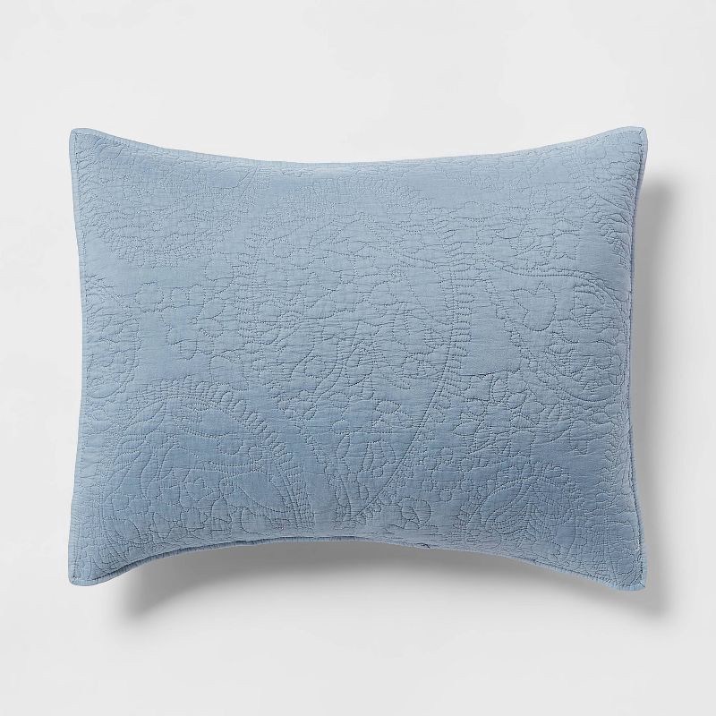 slide 1 of 3, Standard Garment Washed Paisley Stitch Quilt Sham Sky Blue - Threshold™: OEKO-TEX Certified, Microfiber, No Flange, 1 ct