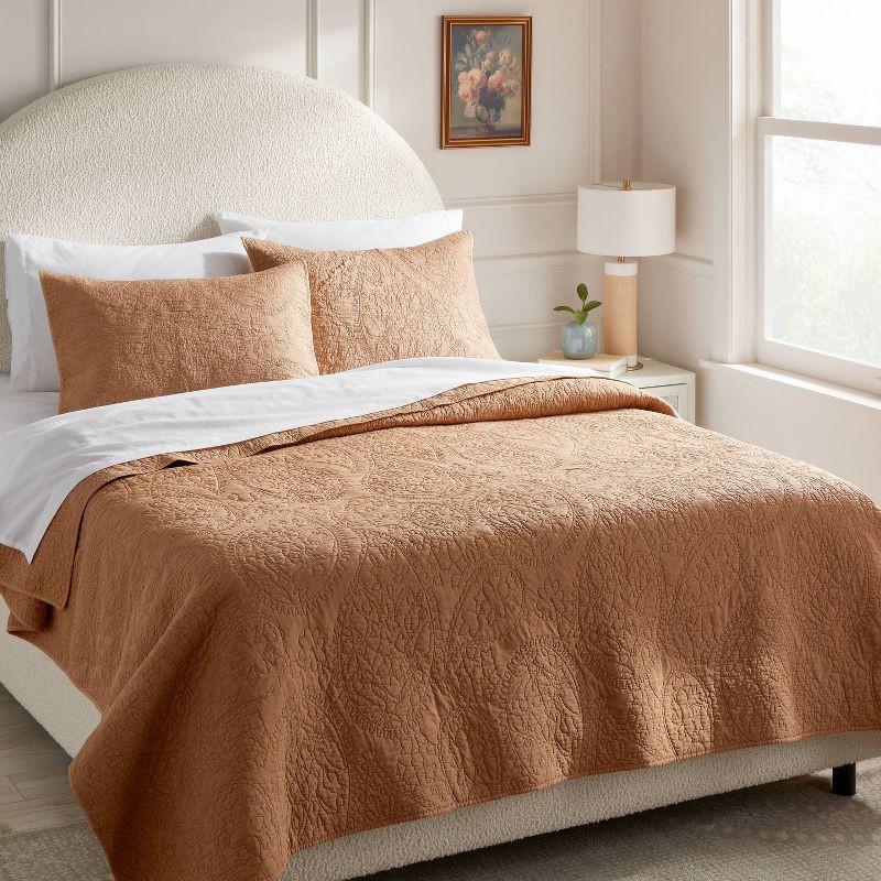 slide 2 of 3, King Garment Washed Paisley Stitch Quilt Camel - Threshold™: Microfiber Coverlet, Year Round Comfort, OEKO-TEX Certified, 1 ct