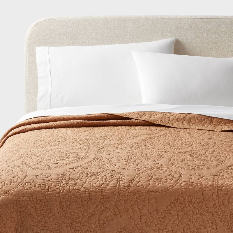 slide 1 of 3, Full/Queen Garment Washed Paisley Stitch Quilt Camel - Threshold™: OEKO-TEX Certified, Microfiber Coverlet, 1 ct