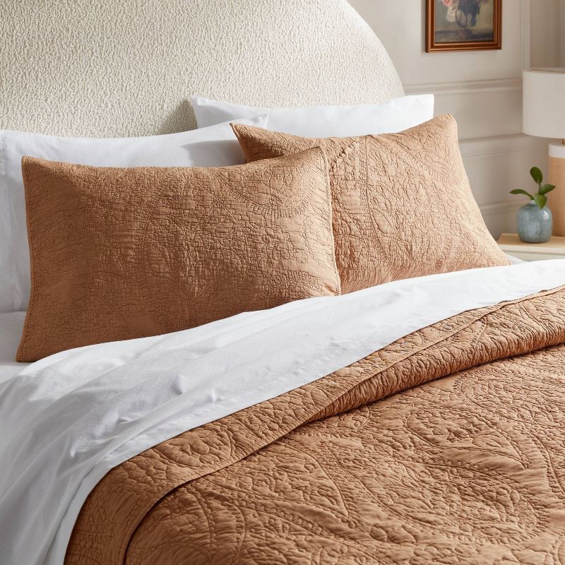 slide 2 of 3, Standard Garment Washed Paisley Stitch Quilt Sham Camel - Threshold™: OEKO-TEX Certified, Microfiber Construction, No Flange, 1 ct
