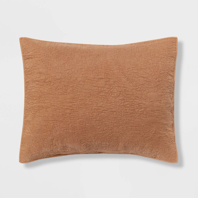 slide 1 of 3, Standard Garment Washed Paisley Stitch Quilt Sham Camel - Threshold™: OEKO-TEX Certified, Microfiber Construction, No Flange, 1 ct