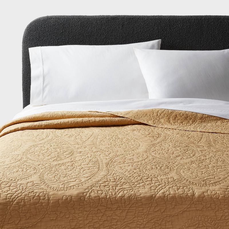 slide 1 of 3, King Garment Washed Paisley Stitch Quilt Wheat - Threshold™: Microfiber Coverlet, Year Round Comfort, OEKO-TEX Certified, 1 ct