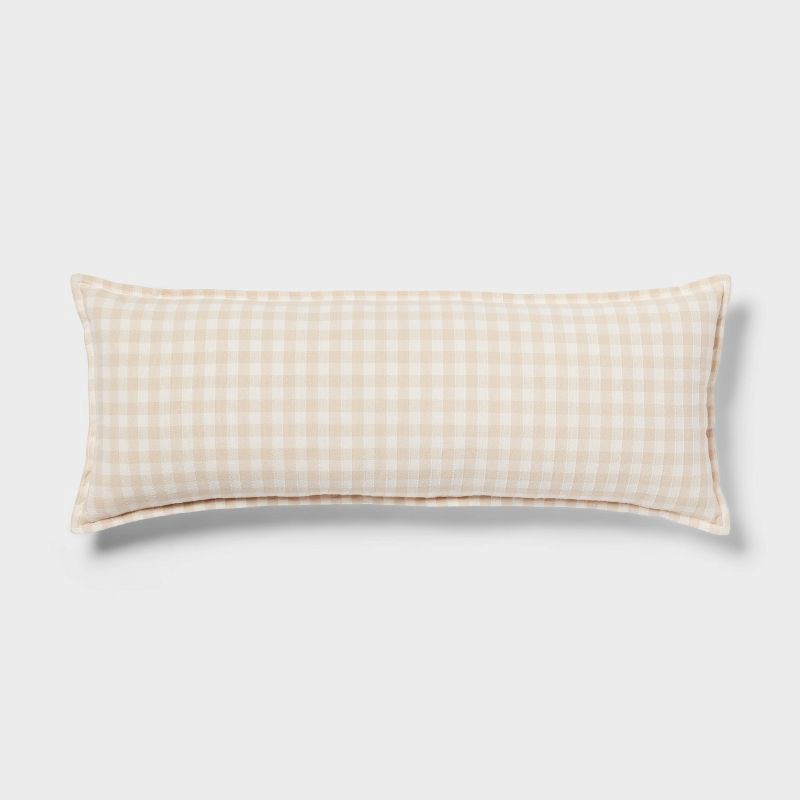 slide 1 of 4, Gingham OS Oblong Dec Pillow Khaki/Ivory - Threshold™: Cotton Rectangle Lumbar Support, Indoor Use, 1 ct