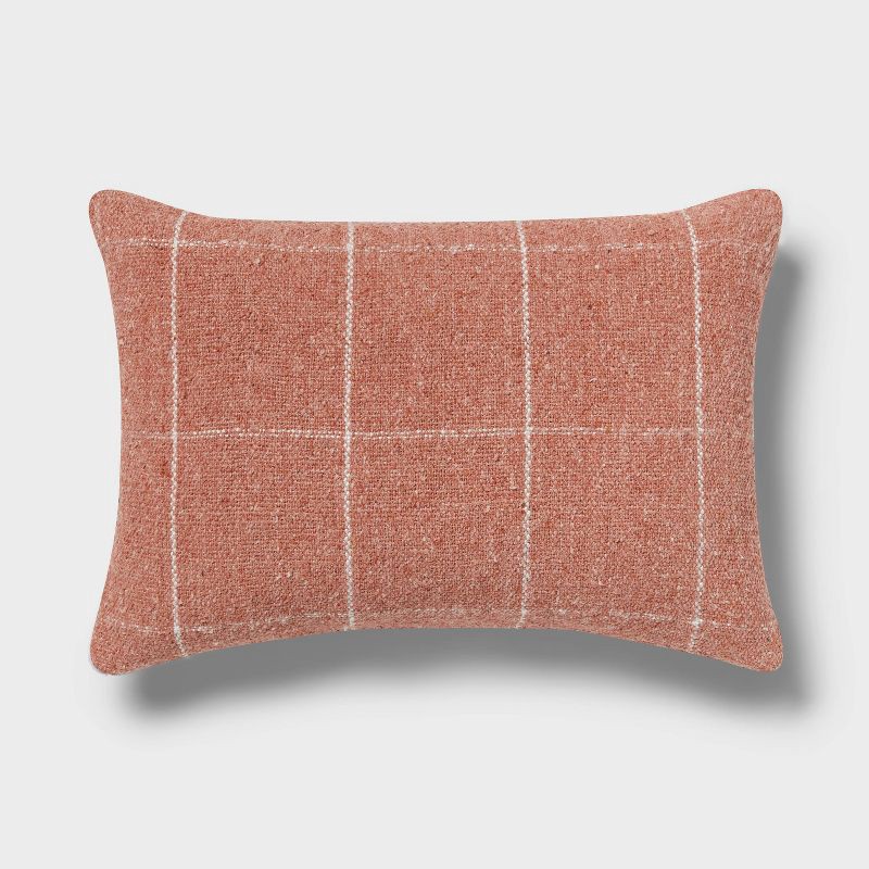 slide 1 of 4, Windowpane Woven Decorative Pillow Oblong Light Terracotta Pink - Threshold™: Rectangle Accent Cushion for Sofa, Polyester-Rayon Blend, 1 ct