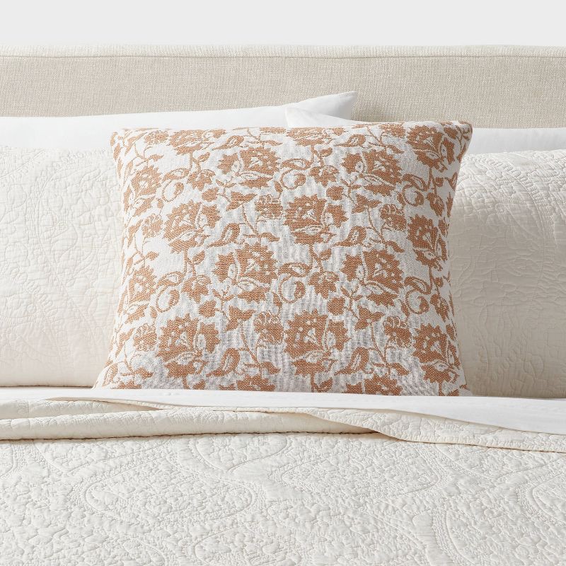 slide 2 of 4, Woven Floral Decorative Pillow Euro Brown - Threshold™: Cotton Fabric, Indoor Square Cushion, OEKO-TEX Certified, 1 ct