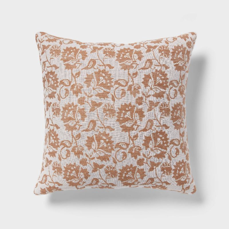 slide 1 of 4, Woven Floral Decorative Pillow Euro Brown - Threshold™: Cotton Fabric, Indoor Square Cushion, OEKO-TEX Certified, 1 ct
