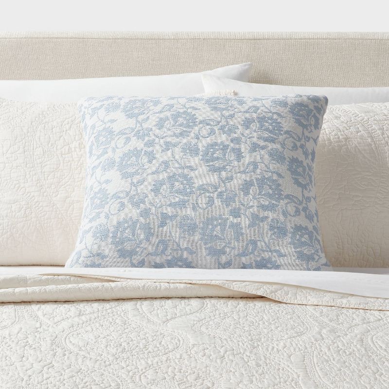 slide 2 of 4, Woven Floral Decorative Pillow Euro Sky Blue - Threshold™: Cotton Fabric, Indoor Square Cushion, OEKO-TEX Certified, 1 ct