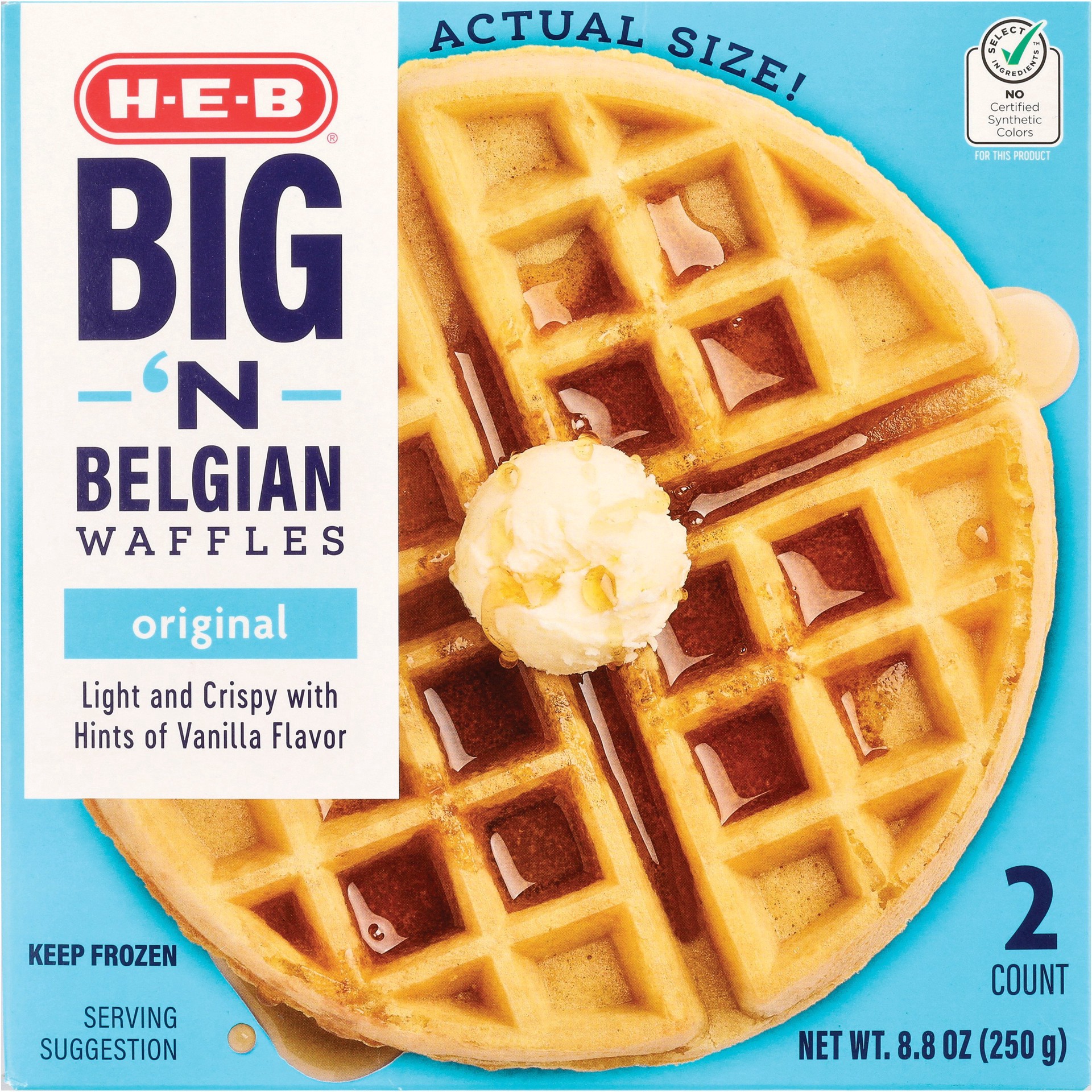 slide 1 of 1, H-E-B Big 'N Belgian Frozen Waffles - Original, 2 ct