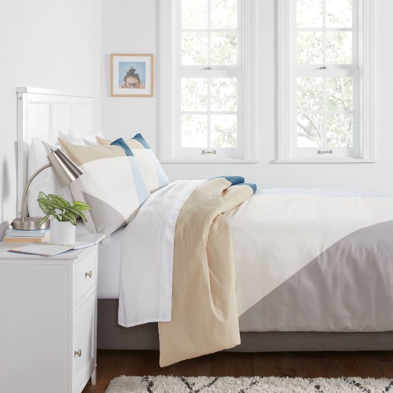 slide 2 of 4, Full/Queen Cotton Blend Sateen Duvet Cover and Sham Set Ivory/Light Blue/Khaki Geo - Room Essentials™: 225 Thread Count, OEKO-TEX Certified, 1 ct