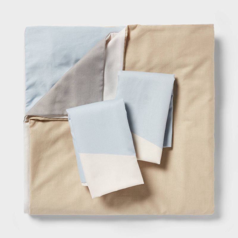 slide 3 of 4, Full/Queen Cotton Blend Sateen Duvet Cover and Sham Set Ivory/Light Blue/Khaki Geo - Room Essentials™: 225 Thread Count, OEKO-TEX Certified, 1 ct