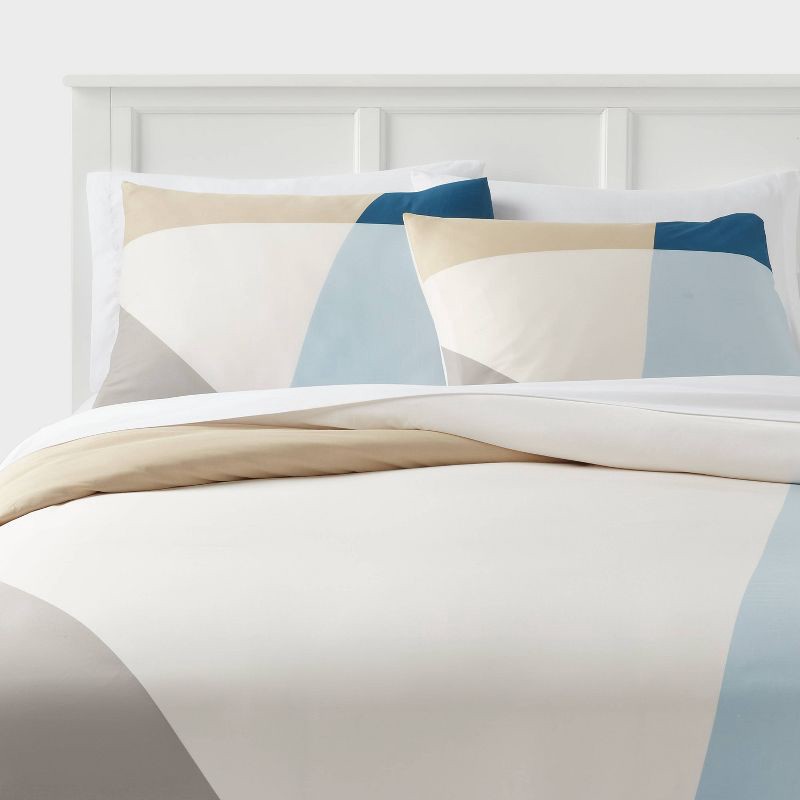 slide 1 of 4, Full/Queen Cotton Blend Sateen Duvet Cover and Sham Set Ivory/Light Blue/Khaki Geo - Room Essentials™: 225 Thread Count, OEKO-TEX Certified, 1 ct