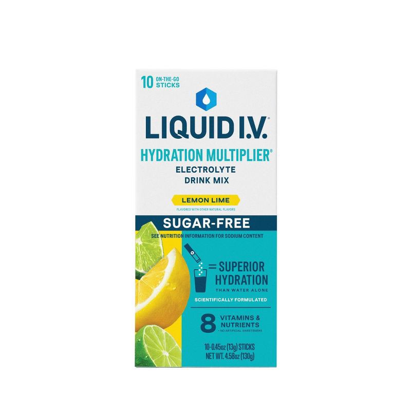 slide 3 of 10, Liquid I.V. Sugar Free Hydration Multiplier Vegan Powder Electrolyte Supplements - Lemon Lime - 0.45oz/10ct, 0.45 oz, 10 ct