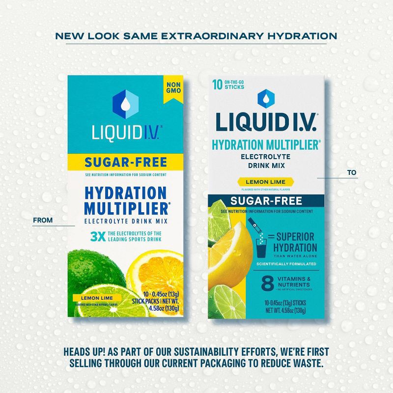 slide 3 of 10, Liquid I.V. Sugar Free Hydration Multiplier Vegan Powder Electrolyte Supplements - Lemon Lime - 0.45oz/10ct, 0.45 oz, 10 ct