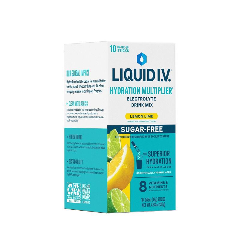 slide 4 of 10, Liquid I.V. Sugar Free Hydration Multiplier Vegan Powder Electrolyte Supplements - Lemon Lime - 0.45oz/10ct, 0.45 oz, 10 ct