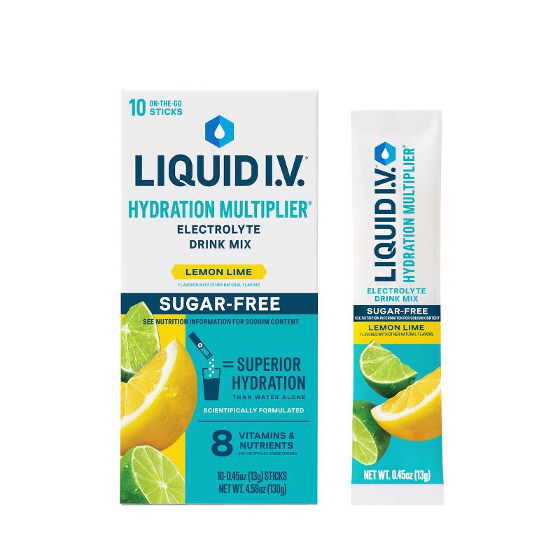 slide 1 of 10, Liquid I.V. Sugar Free Hydration Multiplier Vegan Powder Electrolyte Supplements - Lemon Lime - 0.45oz/10ct, 0.45 oz; 10 ct