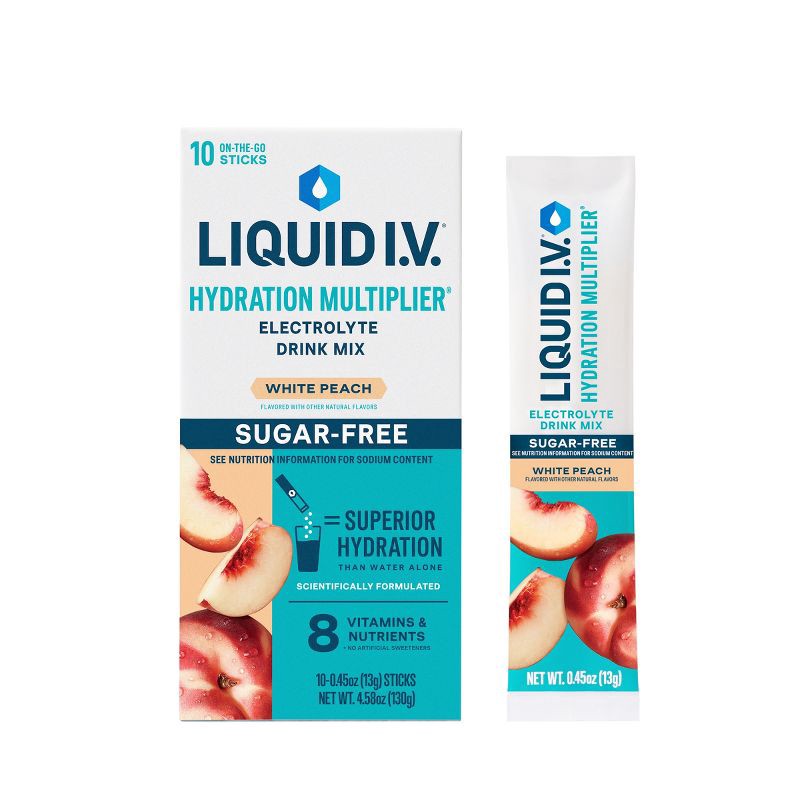 slide 1 of 10, Liquid I.V. Sugar Free Hydration Multiplier Vegan Powder Electrolyte Supplements - White Peach - 0.45oz/10ct, 0.45 oz; 10 ct