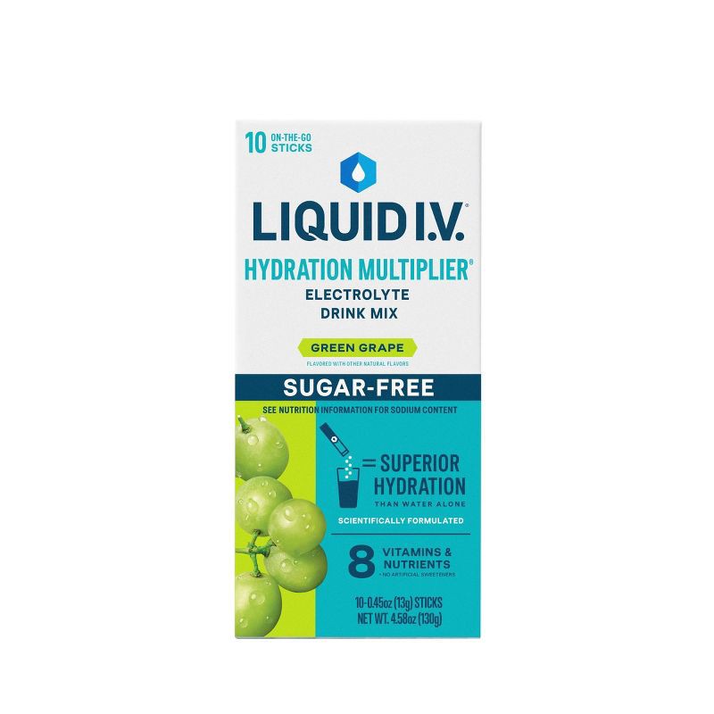 slide 2 of 10, Liquid I.V. Sugar Free Hydration Multiplier Vegan Powder Electrolyte Supplements - Green Grape - 0.45oz/10ct, 0.45 oz, 10 ct