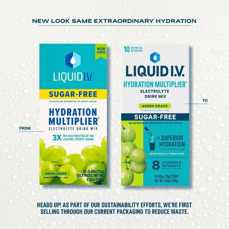 slide 3 of 10, Liquid I.V. Sugar Free Hydration Multiplier Vegan Powder Electrolyte Supplements - Green Grape - 0.45oz/10ct, 0.45 oz, 10 ct