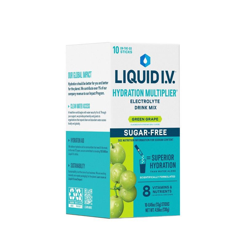 slide 4 of 10, Liquid I.V. Sugar Free Hydration Multiplier Vegan Powder Electrolyte Supplements - Green Grape - 0.45oz/10ct, 0.45 oz, 10 ct