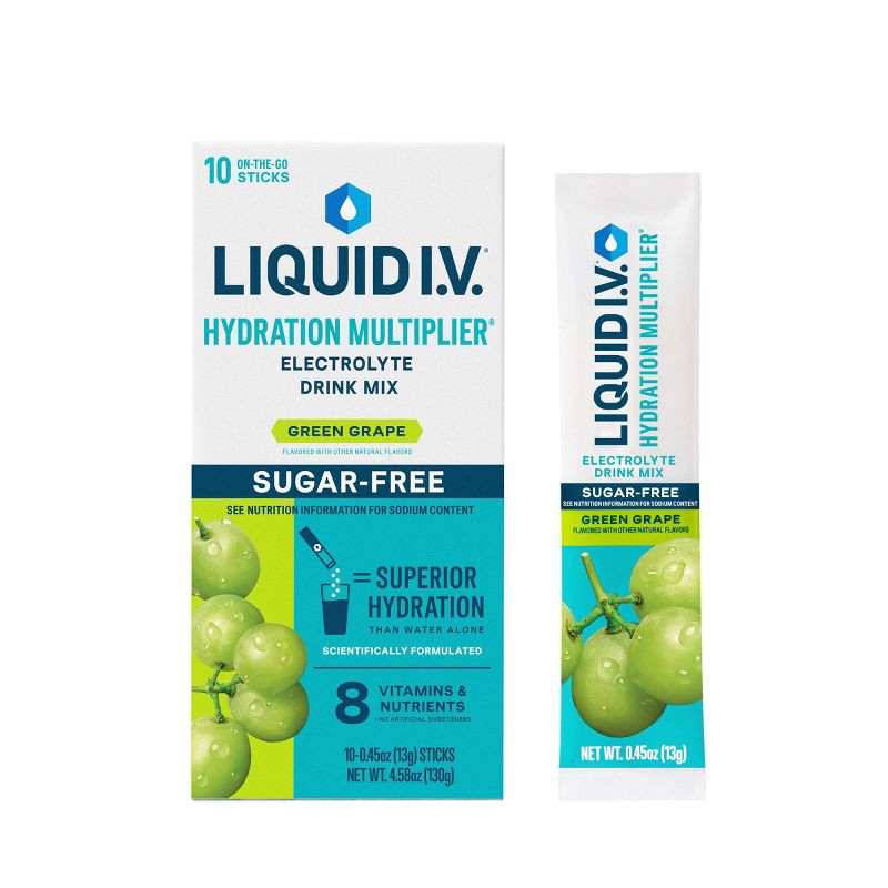 slide 1 of 10, Liquid I.V. Sugar Free Hydration Multiplier Vegan Powder Electrolyte Supplements - Green Grape - 0.45oz/10ct, 0.45 oz, 10 ct