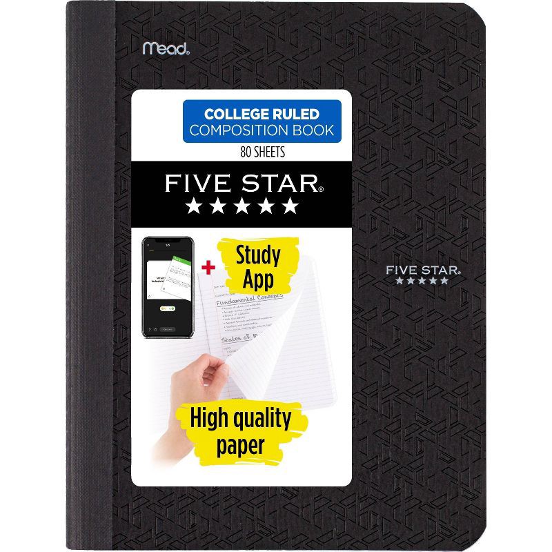 slide 1 of 10, Five Star 80pg College Rule Composition Notebook 9.75"x7.5": Soft Cover, Acid-Free, Sewn Binding, Adult Stationery, 1 ct