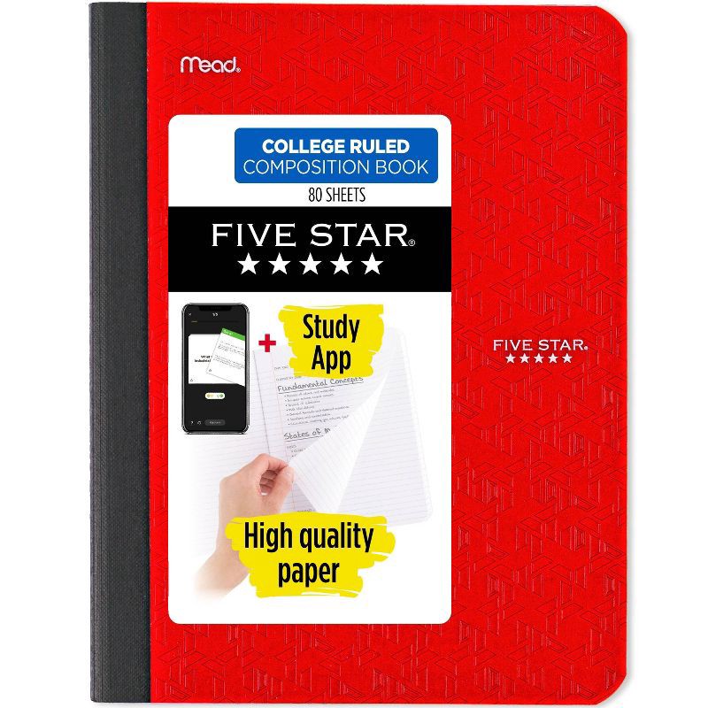 slide 9 of 10, Five Star 80pg College Rule Composition Notebook 9.75"x7.5": Soft Cover, Acid-Free, Sewn Binding, Adult Stationery, 1 ct