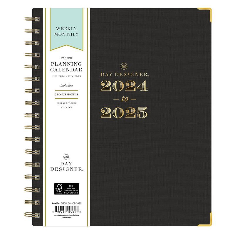 slide 3 of 14, Day Designer 2024-25 Weekly/Monthly Planner 9"x7" Wirebound Fabric Black: July-June, Adult, Tabs, 7x9" Paper, 1 ct