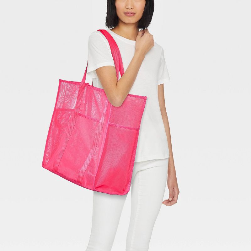 slide 2 of 5, Mesh Tote Handbag - Shade & Shore™ Pink: Polyester Unstructured Beach Bag, 1 ct