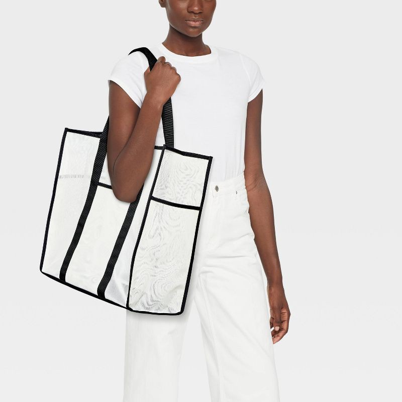 slide 2 of 5, Mesh Tote Handbag - Shade & Shore™ White/Black: Polyester Unstructured Beach Bag, 1 ct