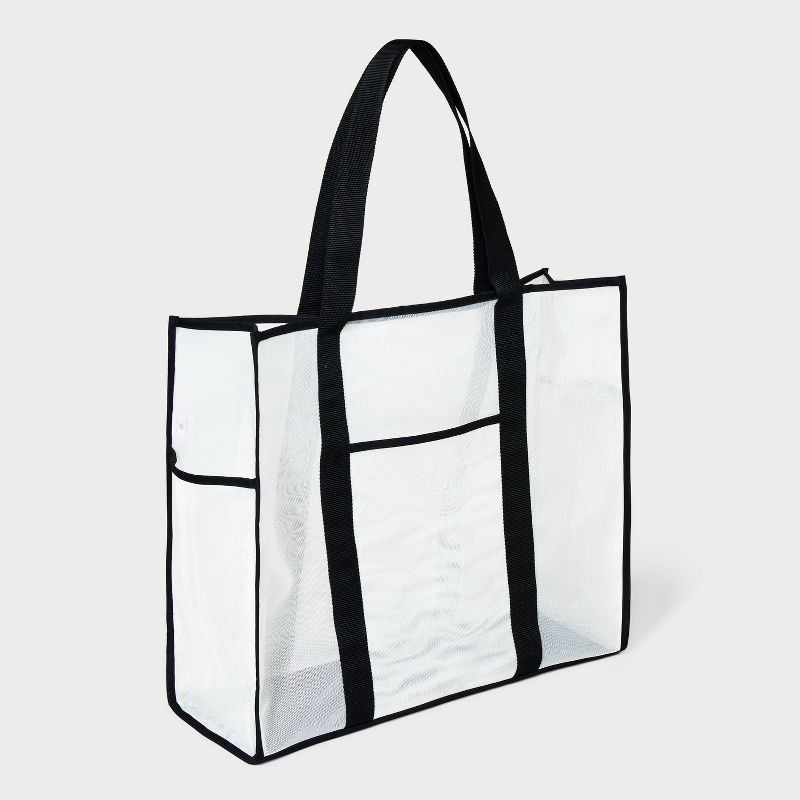 slide 3 of 5, Mesh Tote Handbag - Shade & Shore™ White/Black: Polyester Unstructured Beach Bag, 1 ct
