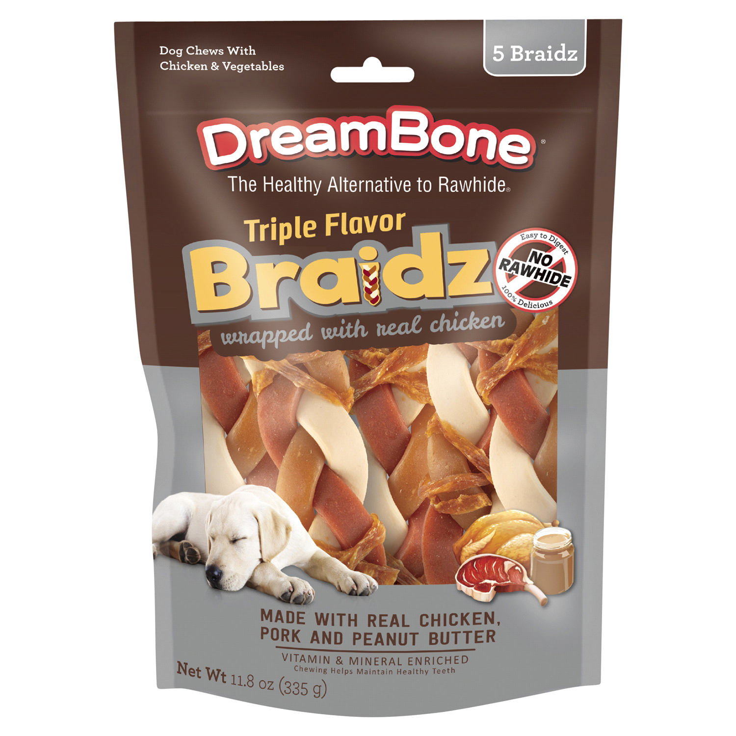 slide 1 of 5, DreamBone Triple Flavor Braidz Wrapped With Chicken, Rawhide-Free Chews For Dogs, 5 ct