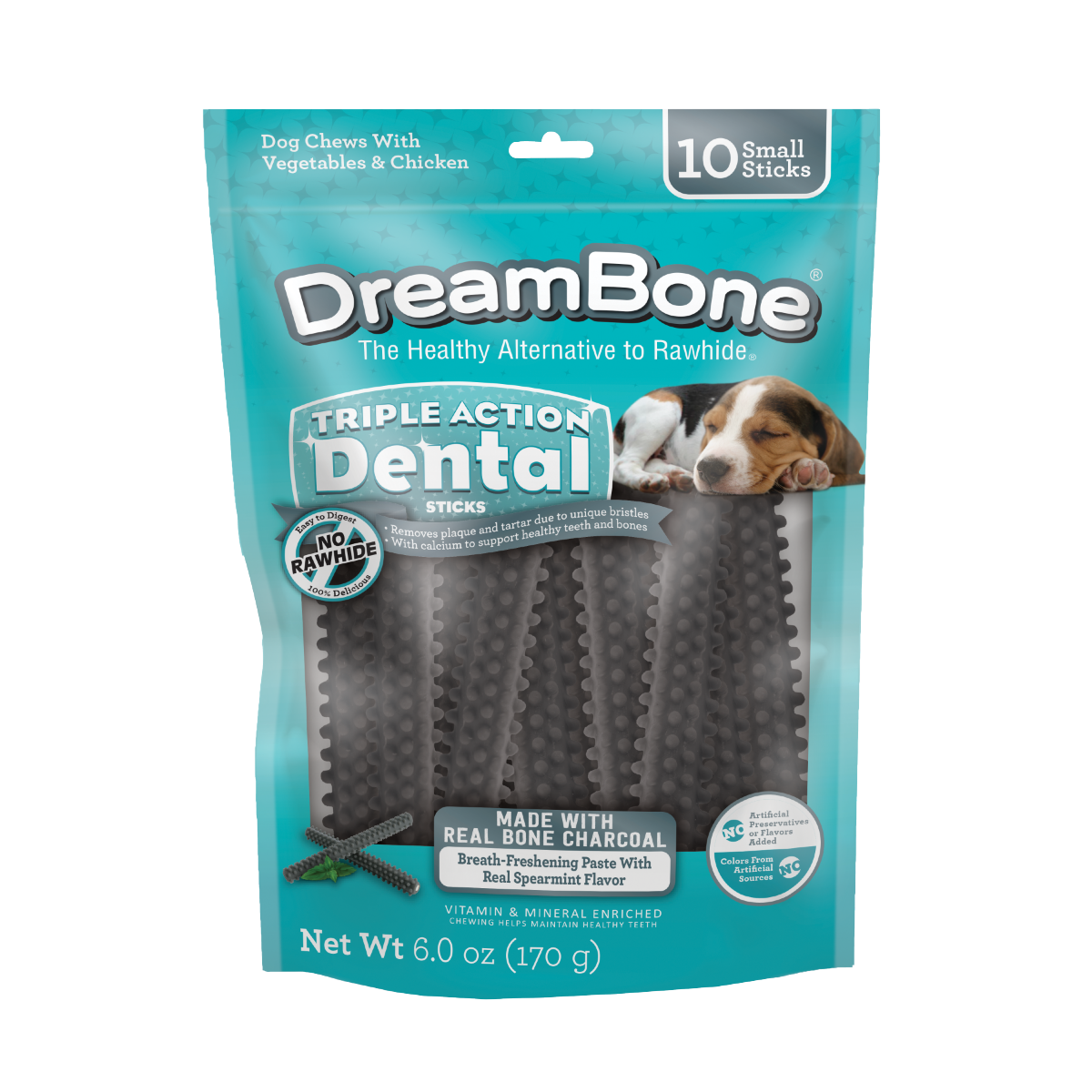 slide 1 of 1, DreamBone Triple Action Dental Sticks Charcoal, 10 Count, Rawhide-Free Chews For Small and Medium Sized Dogs Freshens Breath, 6 oz