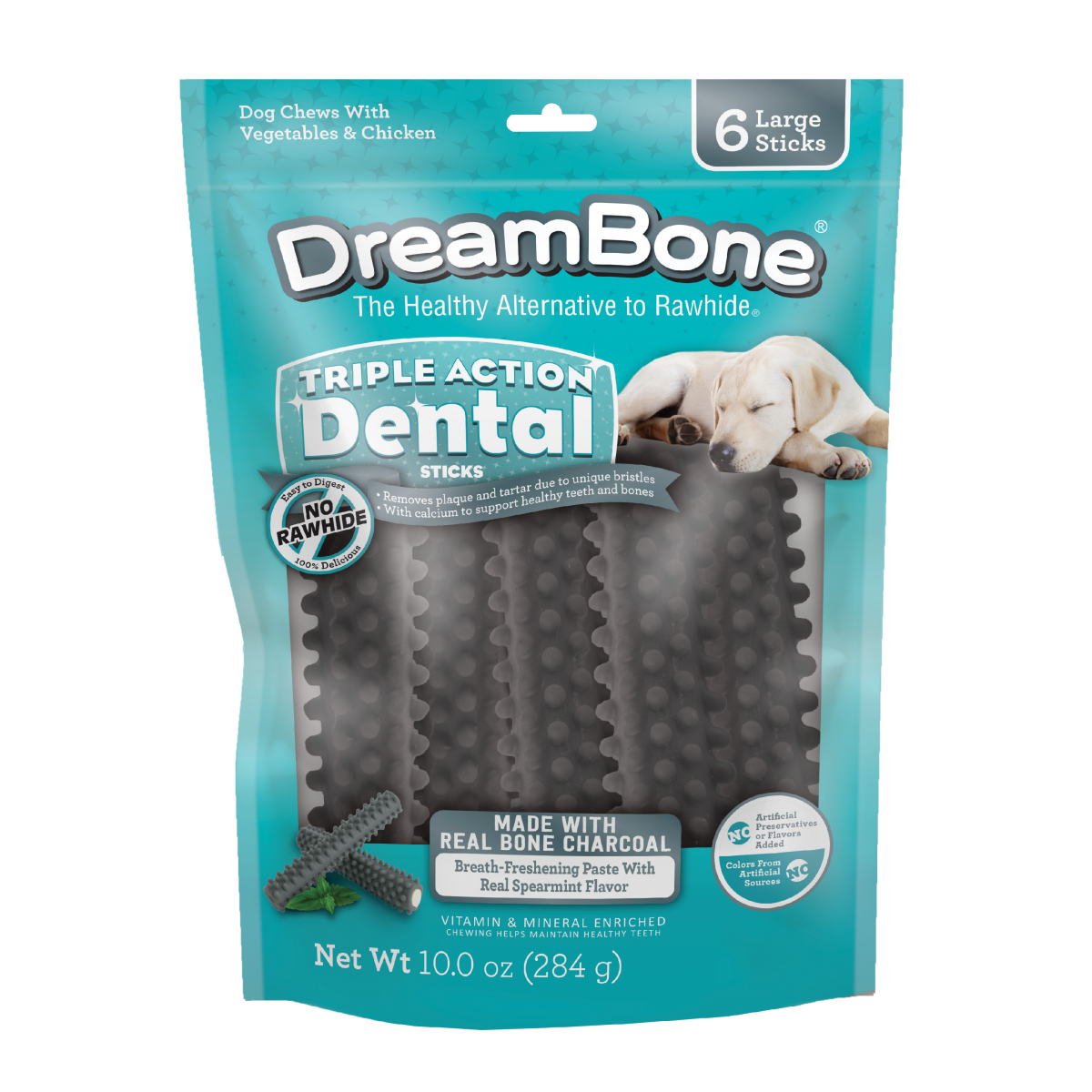slide 1 of 1, DreamBone Triple Action Dental Sticks Charcoal, 6 Count, Rawhide-Free Chews For Large and XL Sized Dogs Freshens Breath, 6 ct