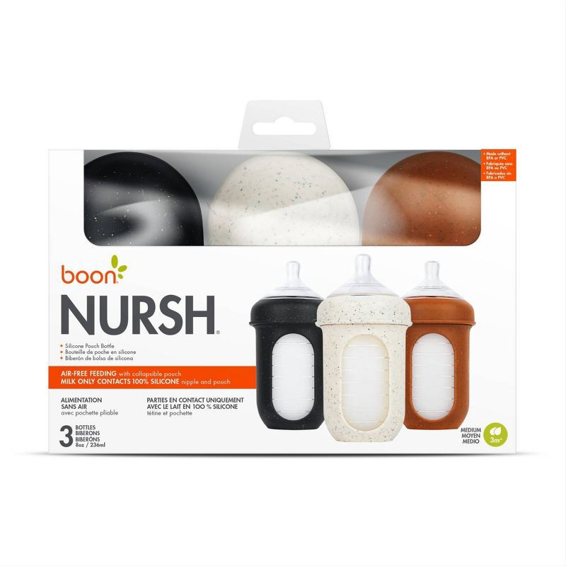 slide 2 of 9, Boon Nursh Silicone Baby Bottles with Collapsible Silicone Pouch - 8 fl oz/3pk - Speckle, 8 fl oz, 3 ct