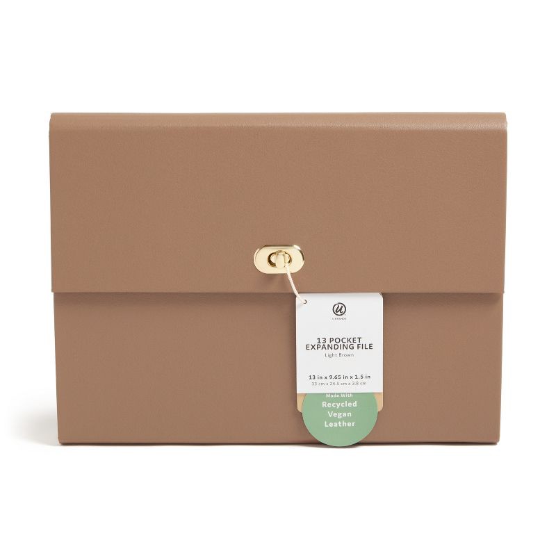 slide 4 of 10, U Brands 13 Pocket Recycled Pleather Expandable File Light Brown: Paper & Polyurethane File Organizer, 9.25" x 13.125", 1 ct