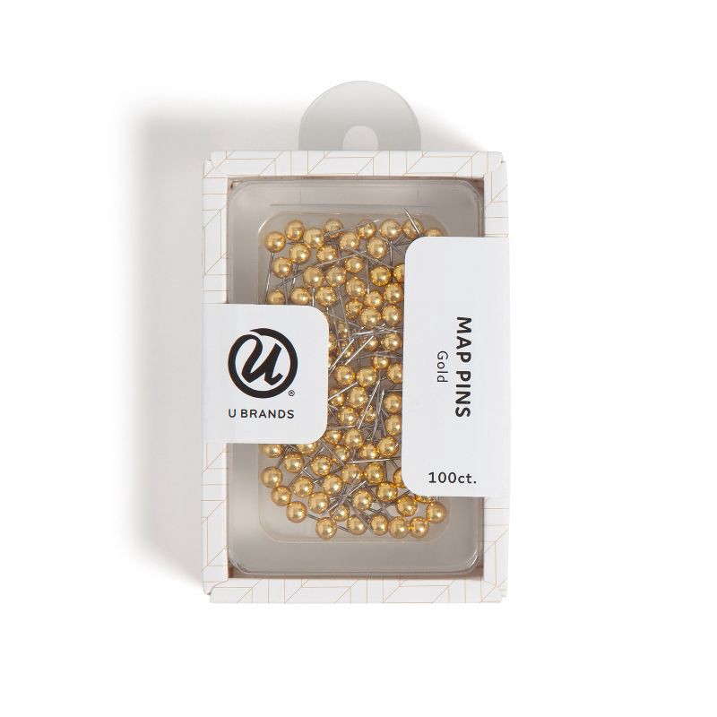 slide 3 of 9, U Brands 100ct Gold Map Push Pins: Thumb Tacks for Wall, Plastic, Clips & Fasteners, Art & Stationery, 0.87" Height, 100 ct