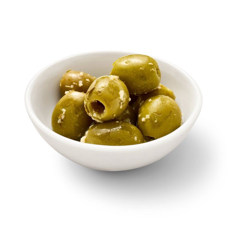 slide 2 of 3, Pitted Green Olives with Garlic Snack Pouch - 1.05oz - Good & Gather™, 1.05 oz