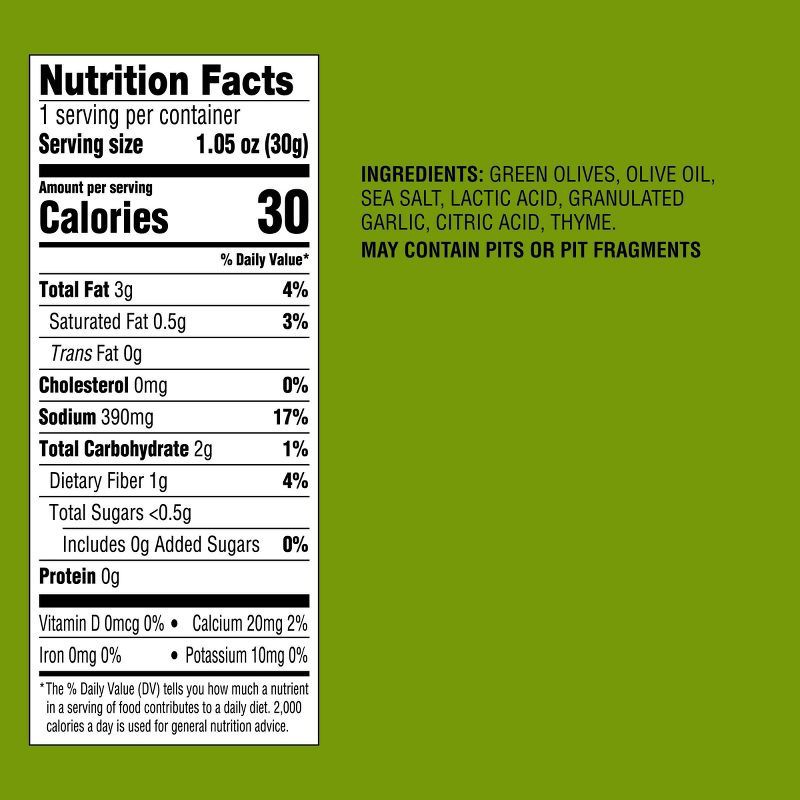 slide 4 of 4, Pitted Green Olives with Garlic Snack Pouch - 1.05oz - Good & Gather™, 1.05 oz
