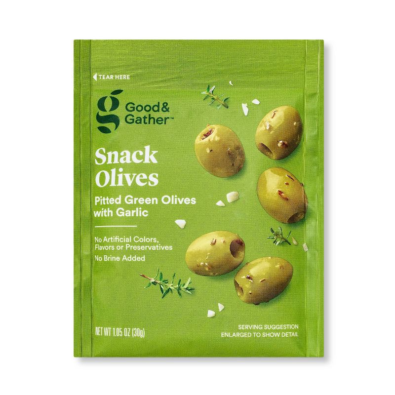 slide 1 of 3, Pitted Green Olives with Garlic Snack Pouch - 1.05oz - Good & Gather™, 1.05 oz