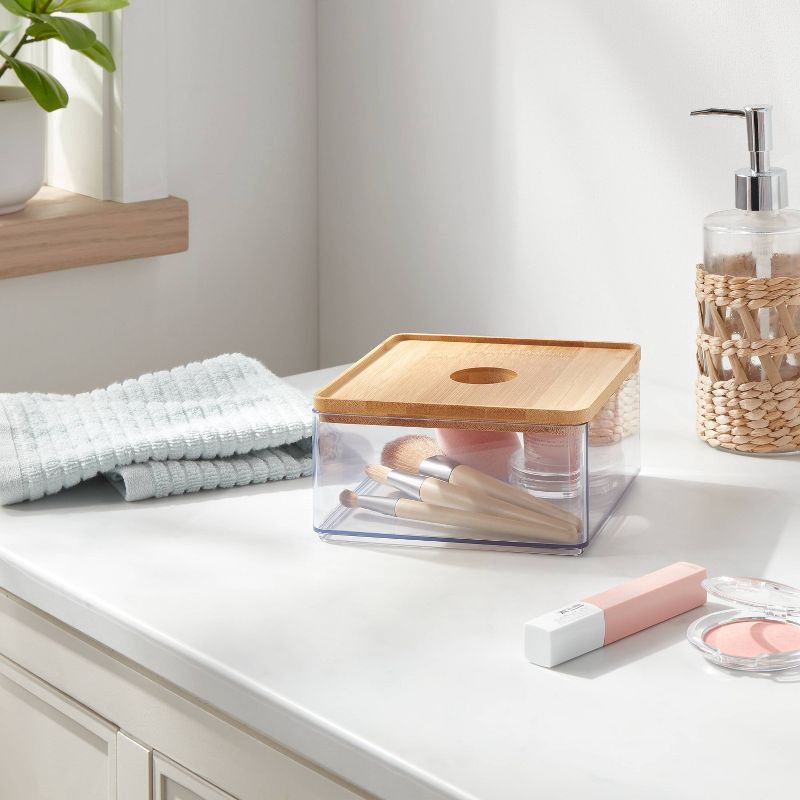 slide 2 of 3, Small Clear Canister with Bamboo Lid - Brightroom™: Bathroom Container, Qtip Holder, Spot Clean, 3" Height, 1 ct