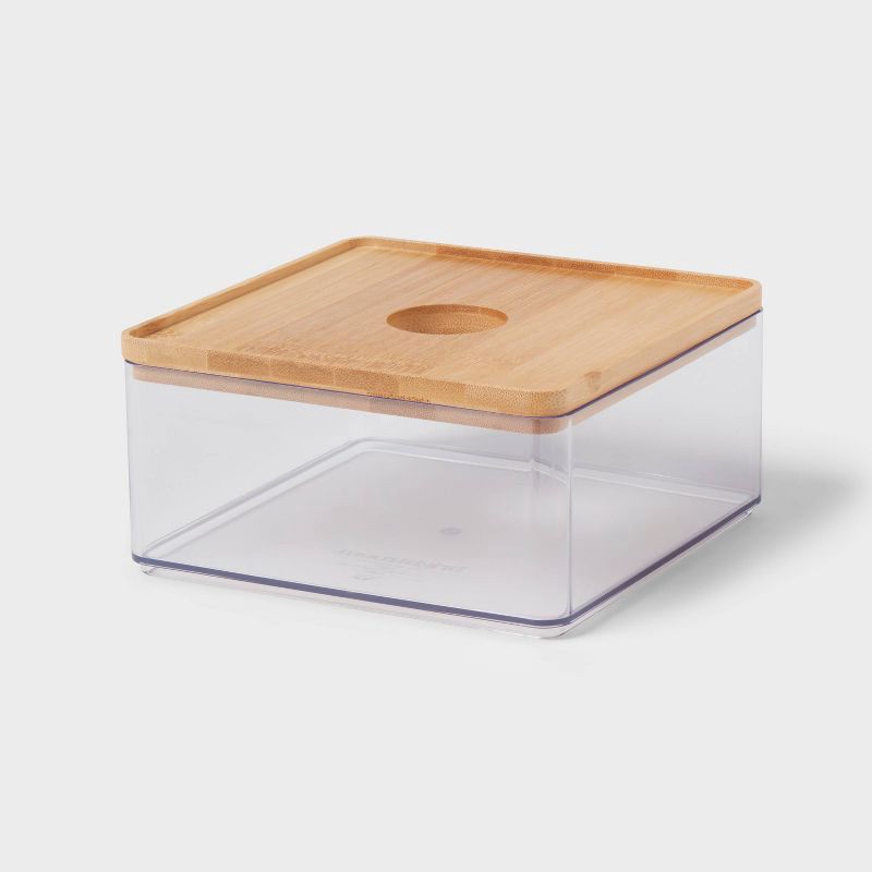 slide 1 of 3, Small Clear Canister with Bamboo Lid - Brightroom™: Bathroom Container, Qtip Holder, Spot Clean, 3" Height, 1 ct