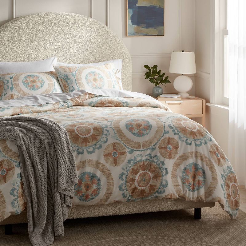 slide 2 of 6, Full/Queen Suzani Print Duvet Cover and Sham Set Ivory/Light Teal Blue - Threshold™, 1 ct