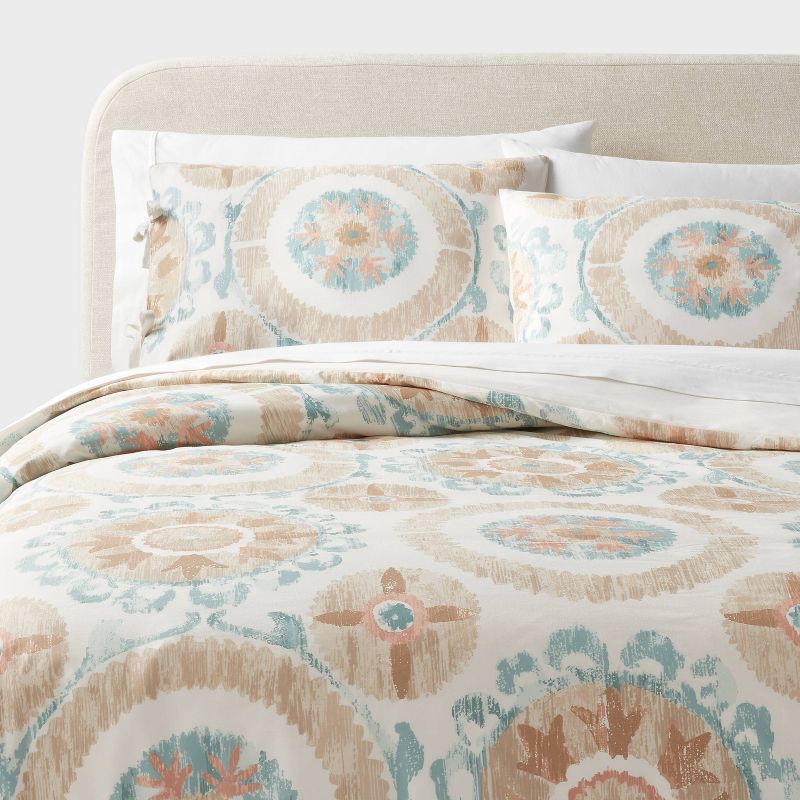 slide 1 of 6, Full/Queen Suzani Print Duvet Cover and Sham Set Ivory/Light Teal Blue - Threshold™, 1 ct