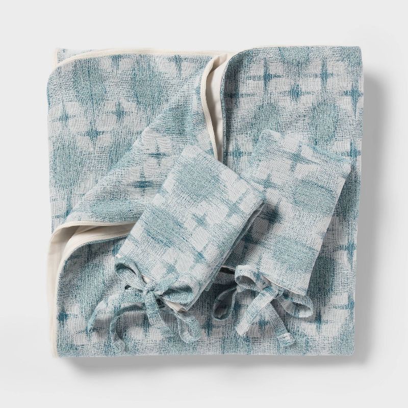 slide 3 of 6, Full/Queen Yarn Dye Ikat Duvet Cover and Sham Set Ivory/Teal Blue/Light Teal Blue - Threshold™: Cotton Slub, Zipper Closure, OEKO-TEX Certified, 1 ct