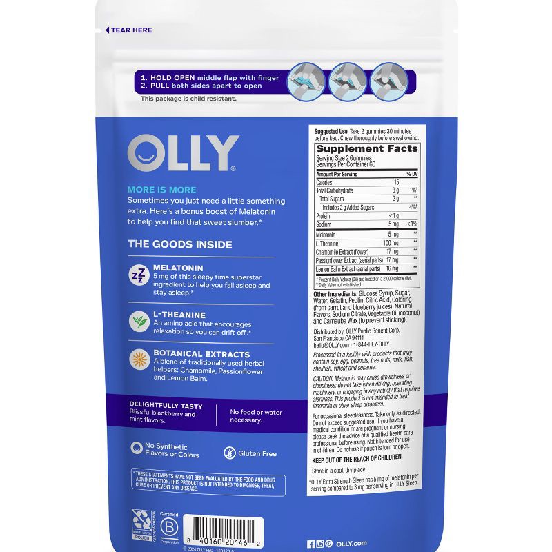 slide 6 of 6, OLLY Extra Strength Sleep Gummies with 5mg Melatonin - Blackberry Zen - 120ct, 5mg, 120 ct