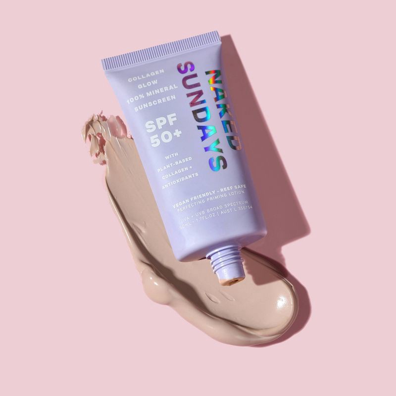 slide 8 of 10, Naked Sundays Collagen Glow 100% Mineral Perfecting Priming Lotion - SPF50 + - 50ml, 50 ml